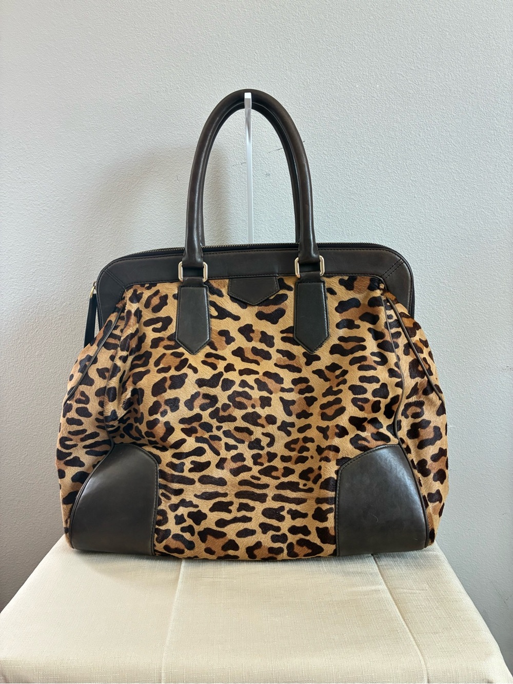 Bally Leopard Print Pony Hair Leather Satchel Bag Large Vintage Italy - Picture 3 of 9